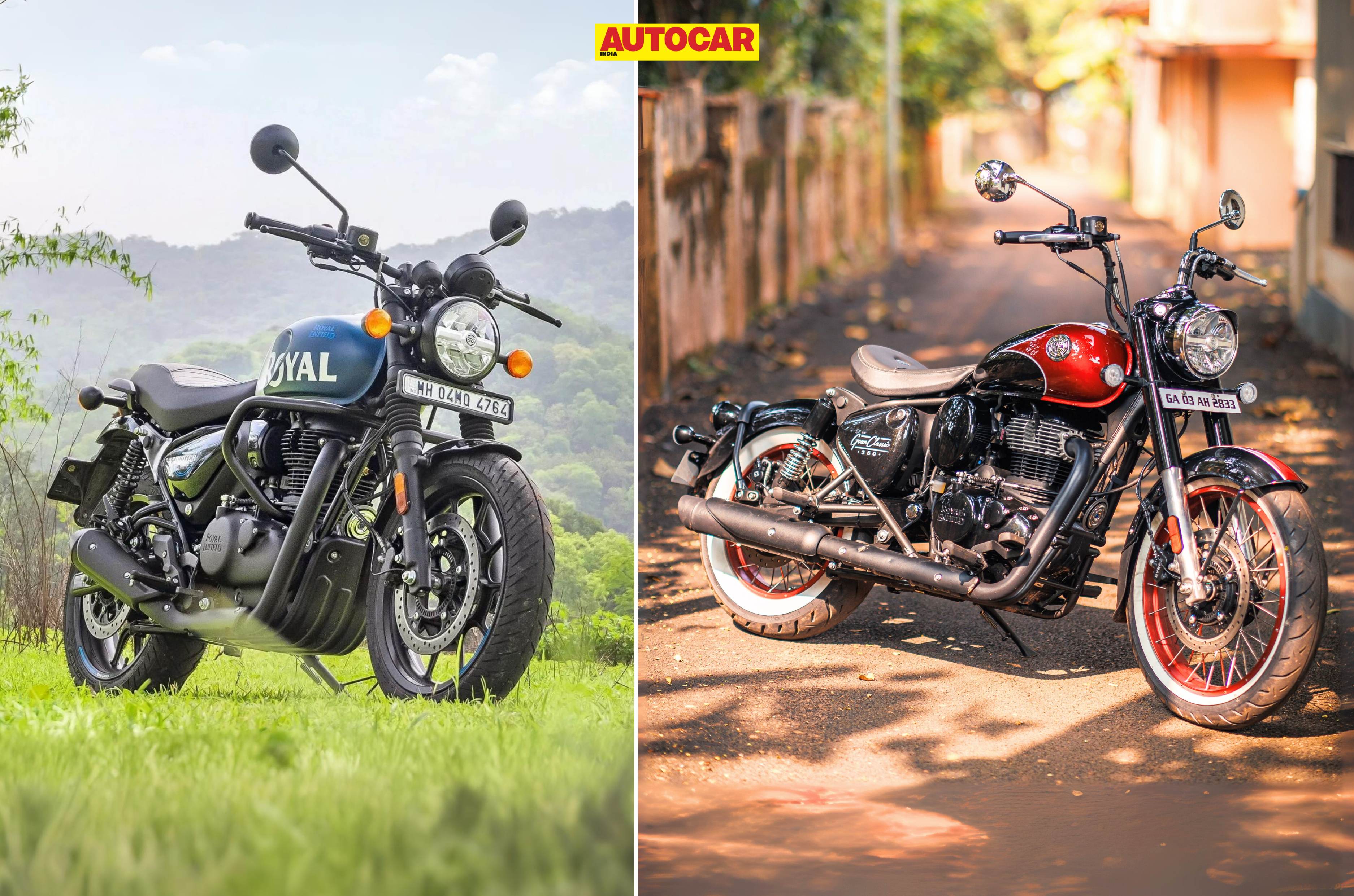 Royal Enfield Hunter and Goan Classic side by side front right side static